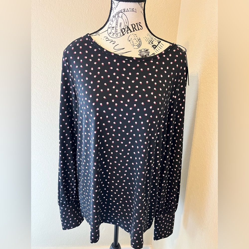 NWT Tahari navy blue with red/white polka dots long sleeved blouse in size XL